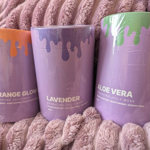 Three Containers of JellyLab Masks. Orange Glow, Lavender, and Aloe Vera